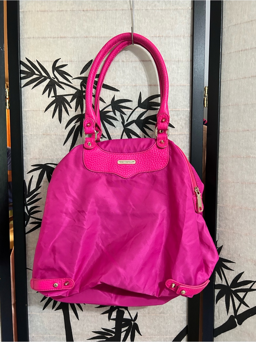 Rebecca Minkoff Hot Pink Nylon Tote Satchel Leather Trim & Handle Studded Medium